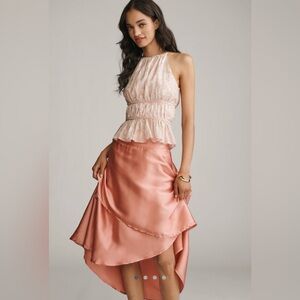 Anthropologie Silky Tiered Midi Asymmetrical Peach “Rosette” Skirt